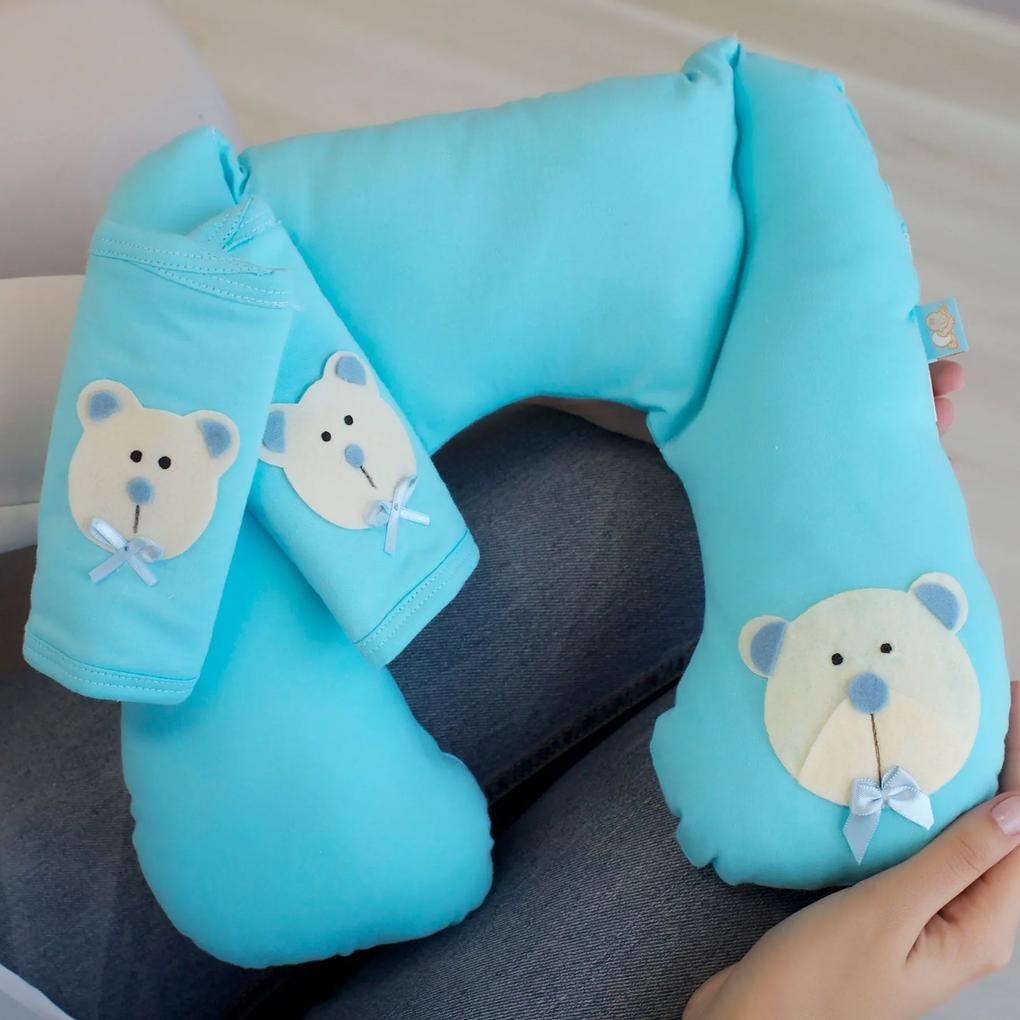Almofada de Pescoço Infantil Apoio Anatômico com Protetores de Cinto Malha Azul Celeste Urso