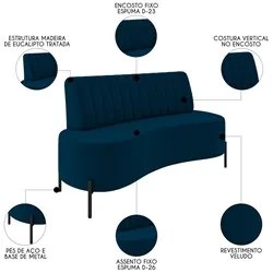 Sofá 2 Lugares 135cm Pés Aço Preto Tamar K04 Veludo Azul - Mpozenato