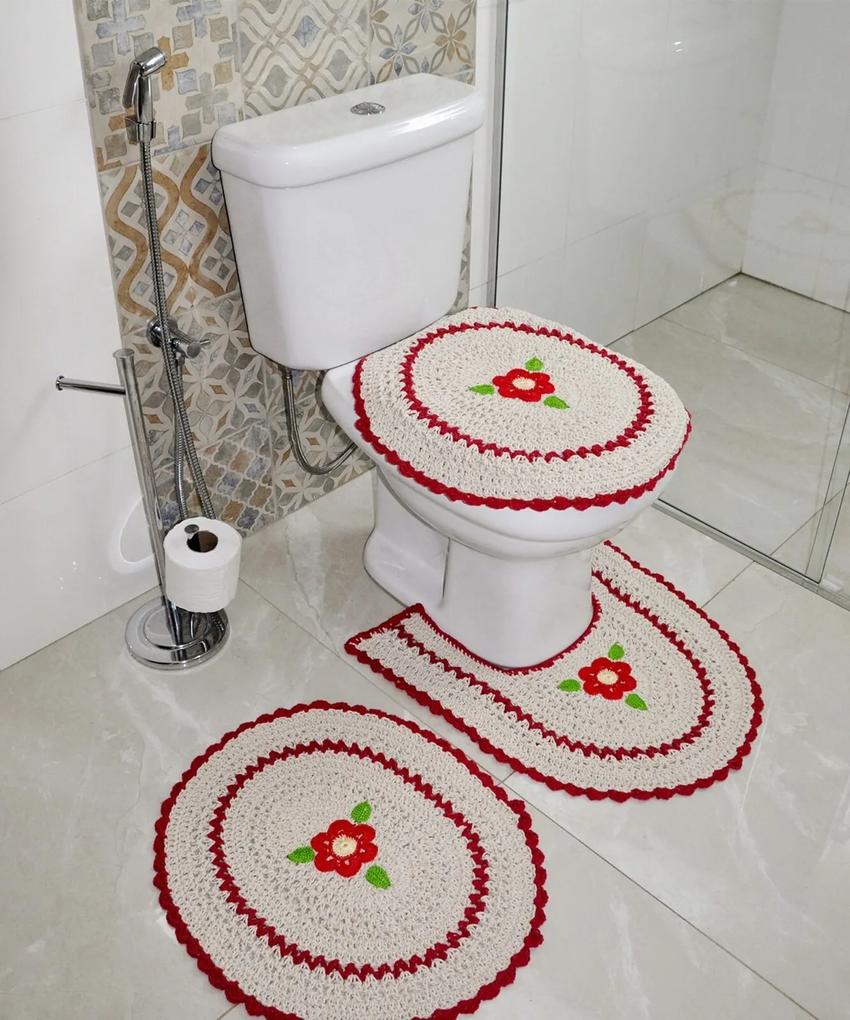 Jogo De Banheiro Crochê   Bordado Inglês Produzido Artesanalmente  Vermelho - Bene Casa