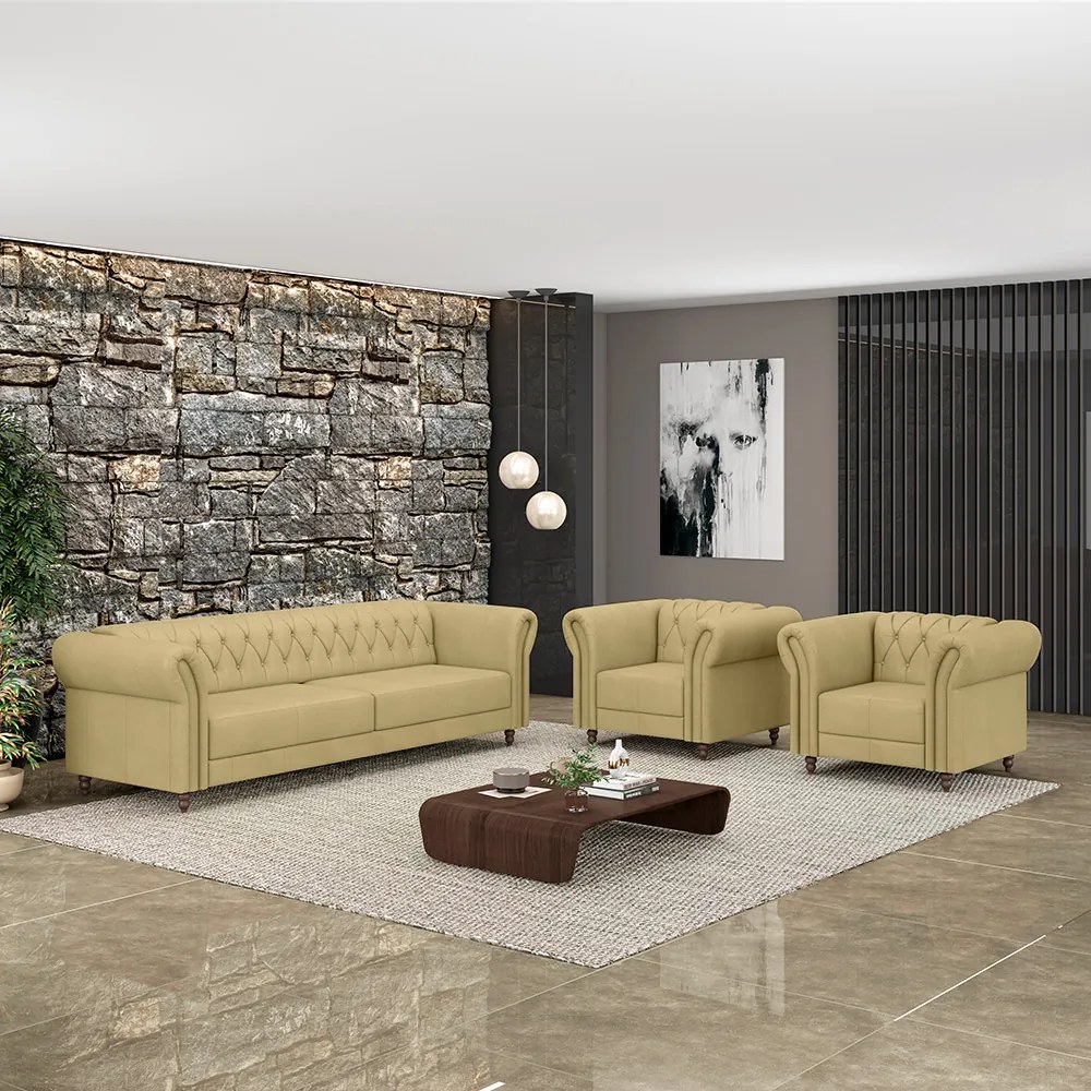 Conjunto Sala de Estar 1 Sofá Living 220cm e 2 Poltronas Stanford Chesterfield Pés Madeira Couro Bege G58 - Gran Belo