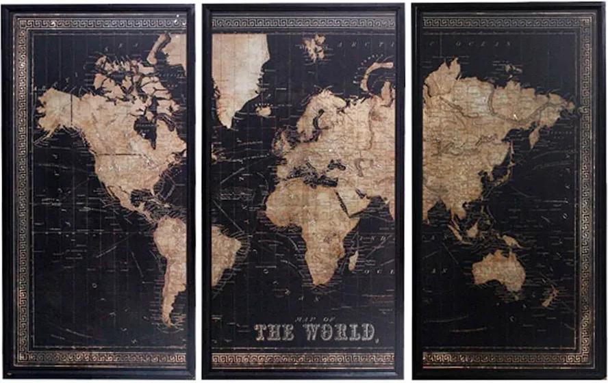 Quadro Mapa Mundi 3 peças Oldway - 180x120 cm