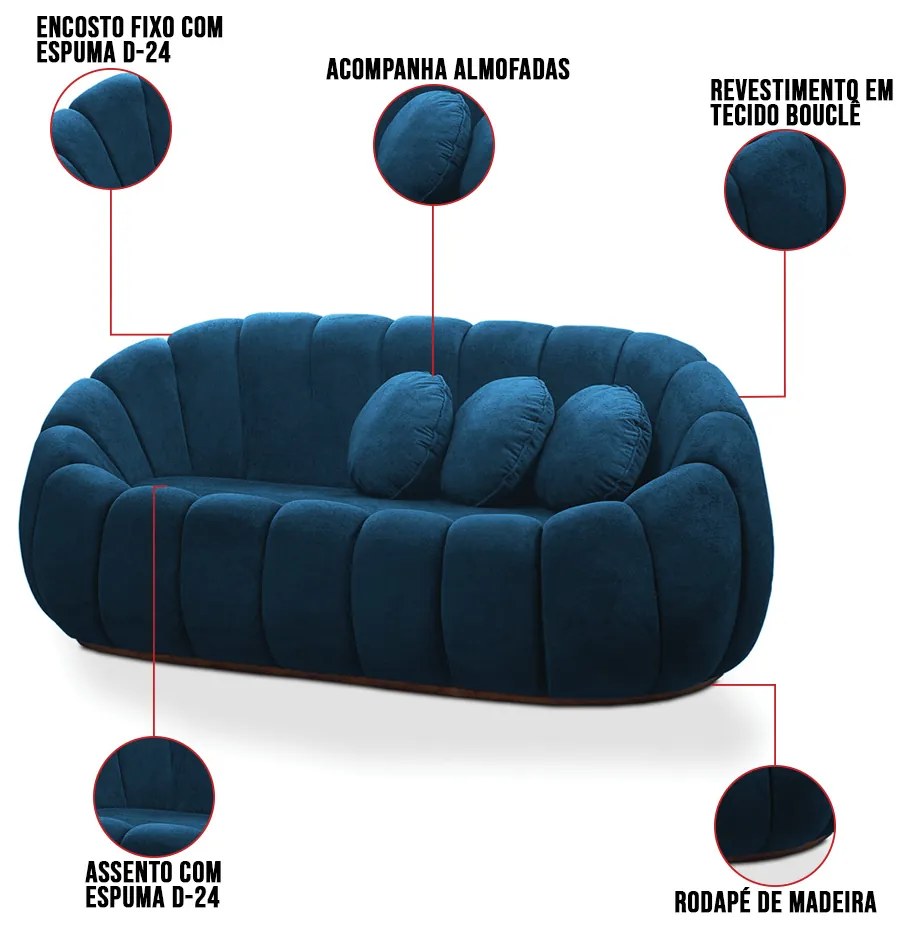 Sofá 2 Lugares com Poltrona Giratória Orgânica Cloud Bouclê Azul Marinho E03 - D'Rossi