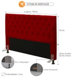 Cabeceira Cama Box Casal King 195cm Cristal Veludo Vermelho - MV Estof