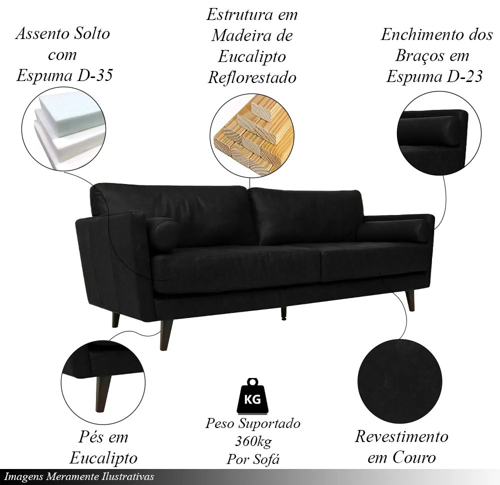 Sofá Decorativo Daemon 3 Lugares Sala de estar 212cm Pés em Eucalipto Couro Preto Manchado G40 - Gran Belo