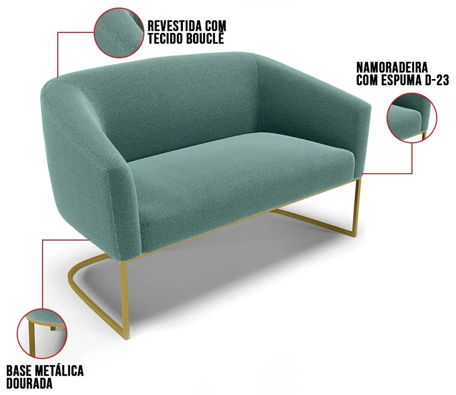 Sofá Namoradeira 2 Lugares Industrial Dourado Stella Bouclê D03 - D'Rossi - Verde Menta