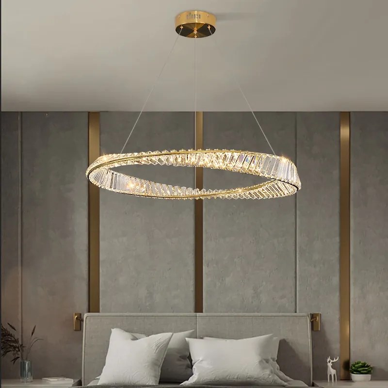 Lustre Pendente Cristal moderno led lustre de controle remoto pingente lâmpada para sala estar jantar cozinha quarto design ouro pendurado luz - 1 Ring D*60cm - Branco fria
