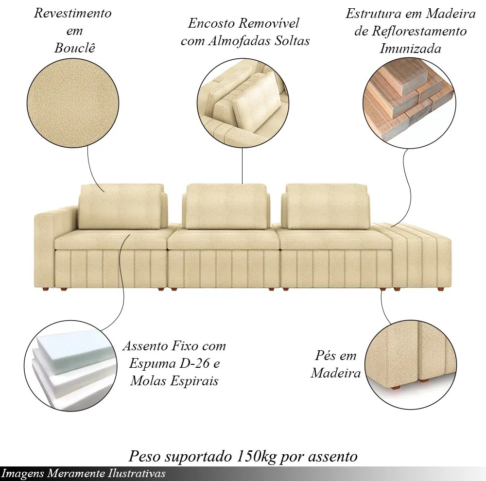 Sofá Ilha com Encosto e Almofadas Móveis Olimpo 395cm Modulado Bouclê Bege G45 - Gran Belo