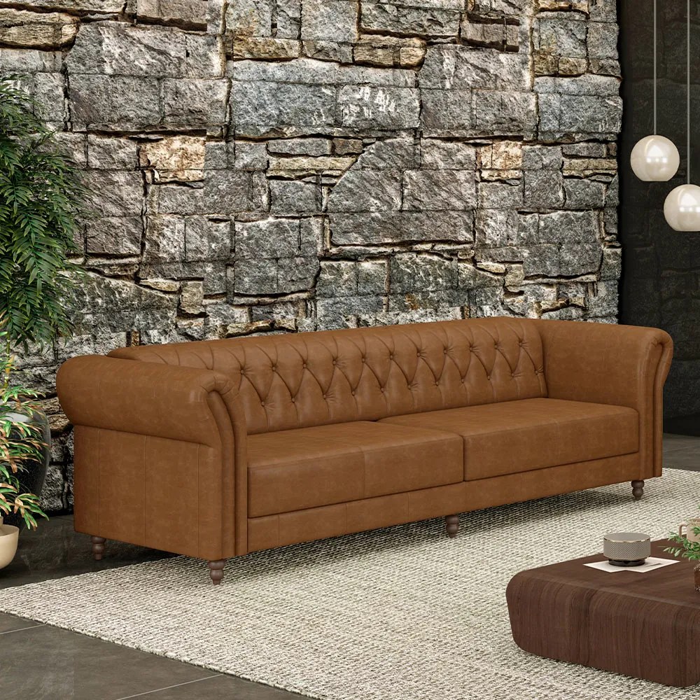 Sofá Living Sala de Estar Stanford Chesterfield 3 Lugares 240cm Pés de Madeira Couro Mel Manchado G58 - Gran Belo