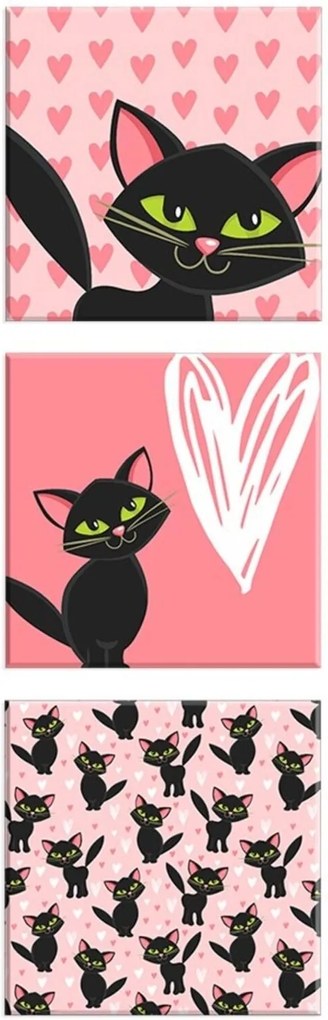 Conjunto de 3 Telas Decorativas em Canvas Love Cat Único Love Decor