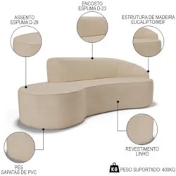 Sofá Living 4 Lugares 300cm Braço Direito Mozart D06 Linho Bege Escuro