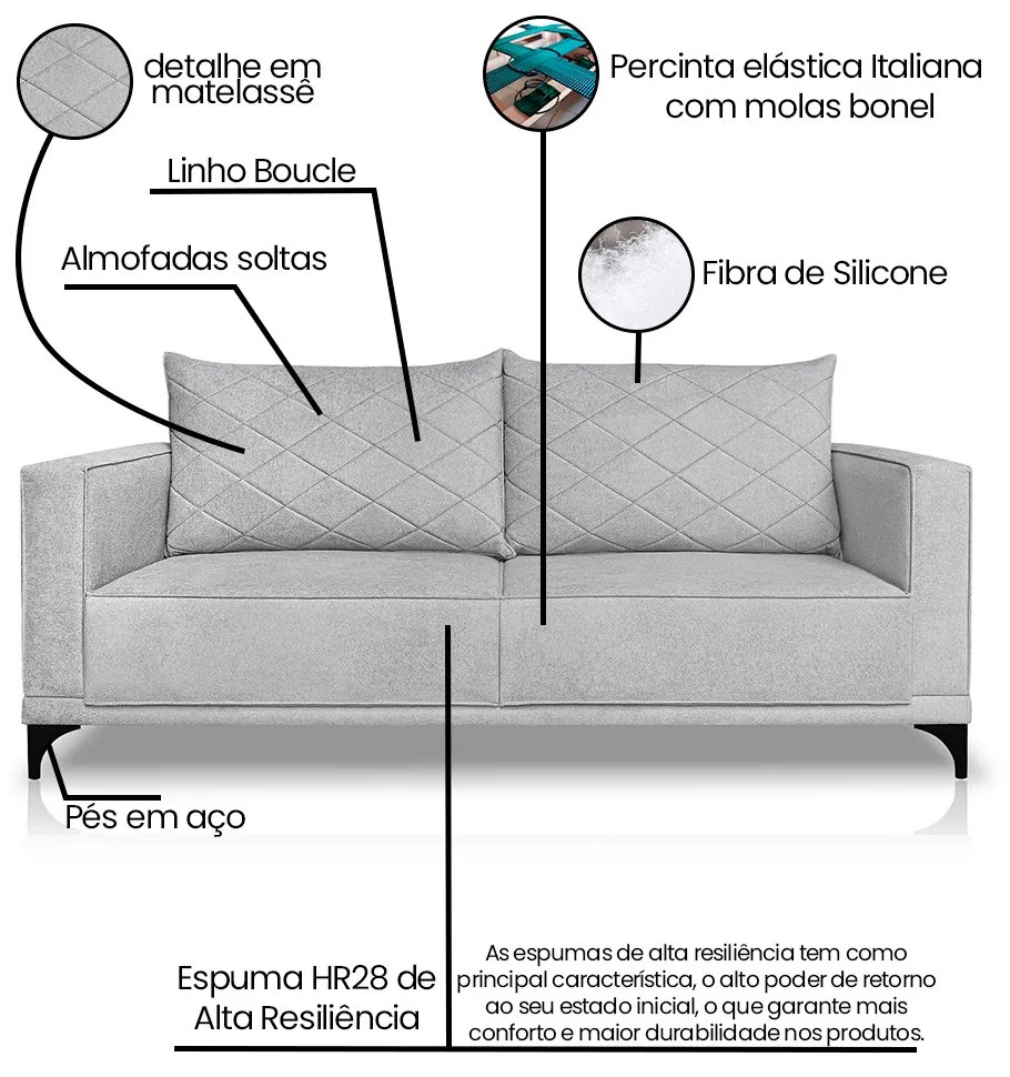 Sofá Living 3 Lugares com Pés de Ferro Almofadas Soltas 220cm Neso Bouclê Cinza G63 - Gran belo