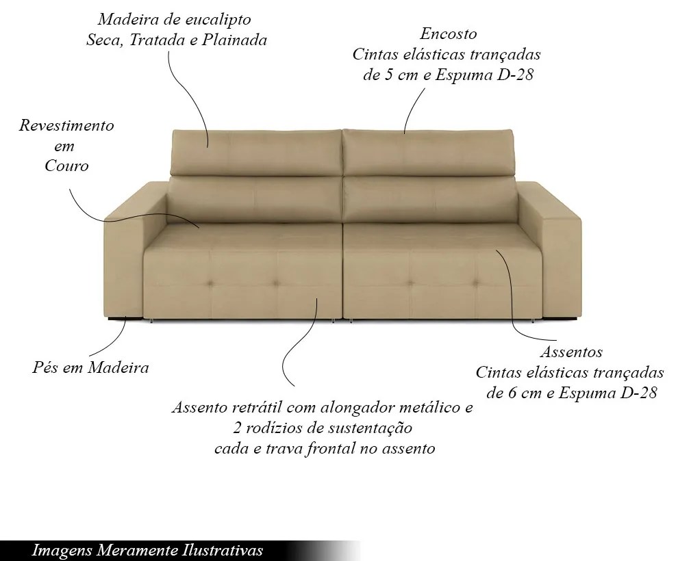 Sofá Retrátil 3 Lugares 204cm 2 Módulos Nero Couro Bege G52 - Gran Belo