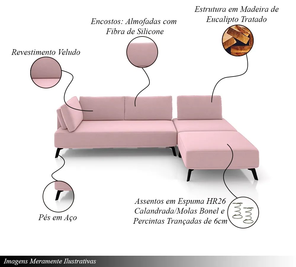 Sofá de Canto Modulado 302cm Sabrina Pés em Aço com Puff Veludo Rosê G52 - Gran Belo