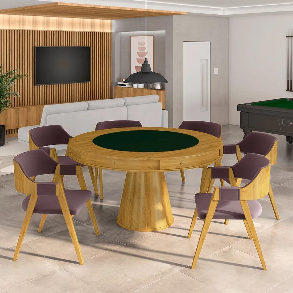 Conjunto Mesa de Jogos Carteado Bellagio Tampo Reversível e 6 Cadeiras Madeira Poker Base Cone Veludo Rosê/Mel G42 - Gran Belo