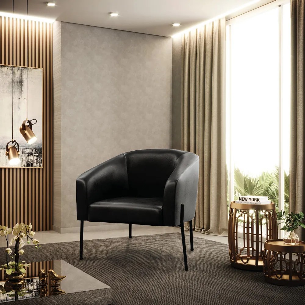 Poltrona Decorativa Pé de Ferro Preto Stella Sintético PU D03 - D'Rossi - Preto