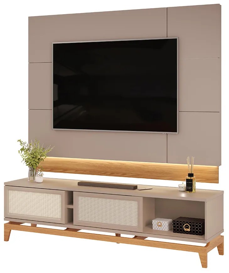 Painel com Bancada Sala de Estar 183cm Esfinge para TV até 65 Led Portas com Tela Griz/Carvalho G18 - Gran Belo