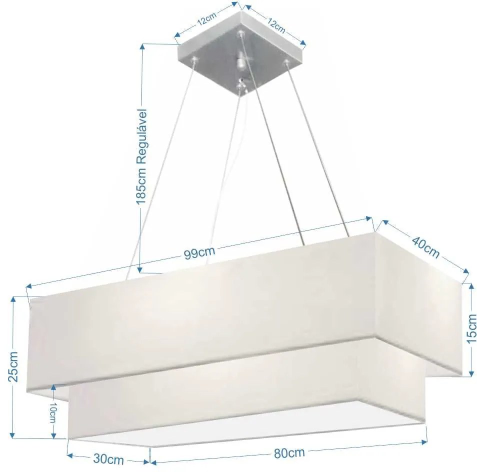 Lustre Pendente Duplo Retangular Vivare Md-4322 Cúpula em Tecido 99x40cm x 80x30cm - Bivolt