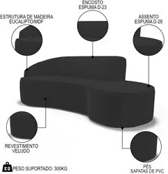 Sofá Living 3 Lugares 210cm Braço Esquerdo Mozart D06 Veludo Preto - M