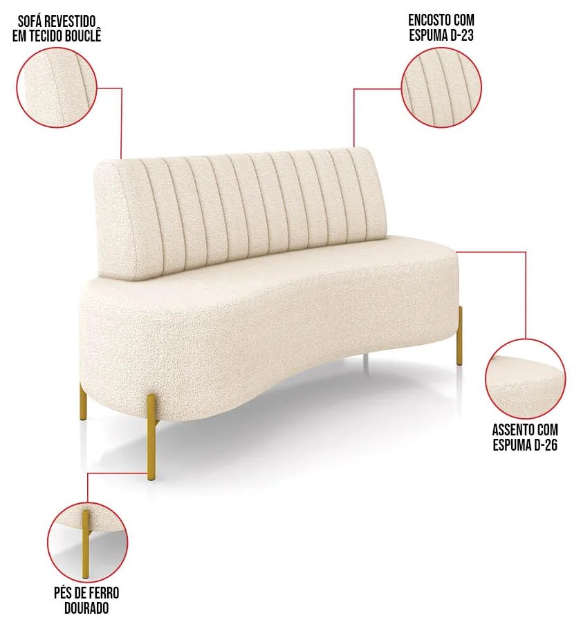 Sofá 2 Lugares Living 135cm Pé Ferro Dourado Maraú Bouclê Bege K01 - D'Rossi