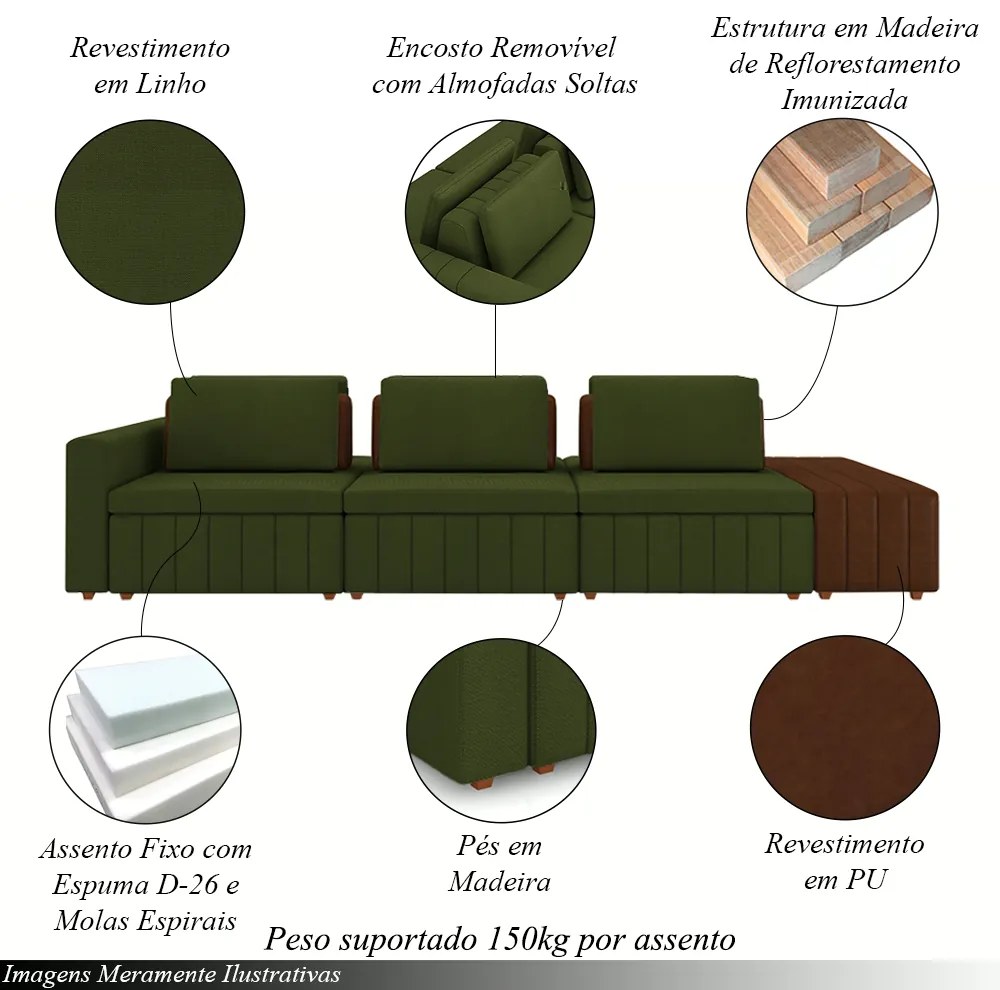 Sofá Ilha com Encosto e Almofadas Móveis Olimpo 395cm Modulado Linho/PU Verde/Marrom G45 - Gran Belo