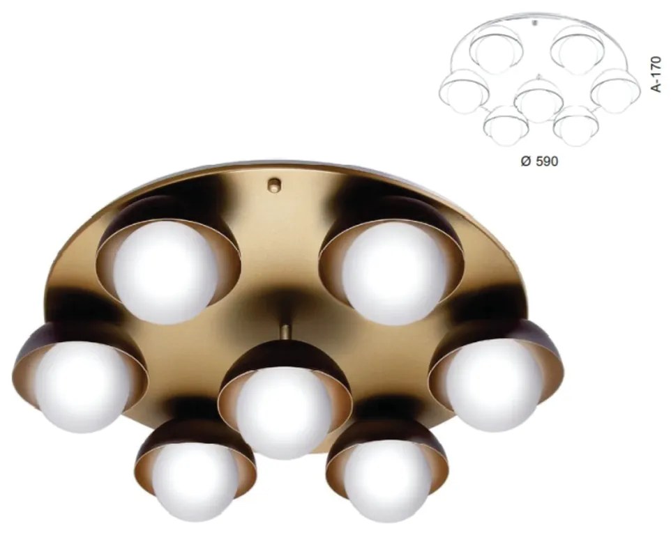 Plafon Cúpula Ø59X17Cm Metal E Globo Ø10Cm 07Xg9 |Old Artisan Plf-5522 (BRANCO / DOURADO BRILHO, CLEAR (TRANSPARENTE))