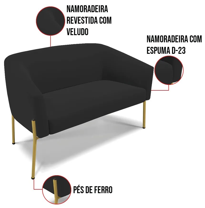 Sofá Namoradeira 2 Lugares Pé de Ferro Dourado Stella Veludo Preto D03 - D'Rossi