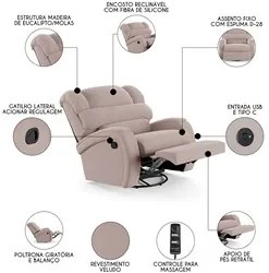 Poltrona do Papai Reclinável Kalie Glider Giratória Massagem FH9 Velud