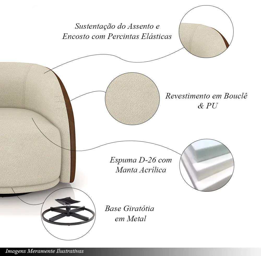 Kit 2 Poltronas Decorativas Jenny Base Giratória em Metal Preto Bouclê Off White/Marrom G45 - Gran Belo