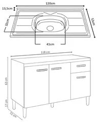 Balcão Gabinete Com Pia Inox 120cm 3 Portas e 1 Gaveta Gabriela Preto