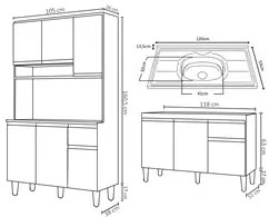 Cozinha Compacta Márcia e Balcão Gabinete Com Pia Tatiane 120cm Preto