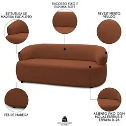 Sofá 3 Lugares Living Orgânico Sala de Estar 170cm Conka F05 Veludo Te