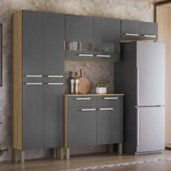 Cozinha Compacta Com Balcão 221cm Vivian Plus Freijó/Gris Z06 - Mpozen