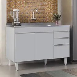 Balcão de Cozinha com Pia Inox 120cm 3 Portas Michigan Cinza Claro - L