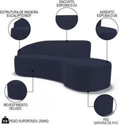 Sofá Living  2 Lugares 180cm Braço Esquerdo Mozart D06 Veludo Azul - M