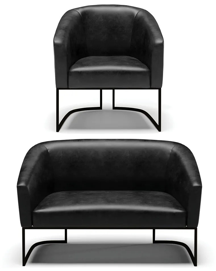 Sofá Namoradeira e Poltrona Base Industrial Preto Stella Sintético PU Preto D03 - D'Rossi