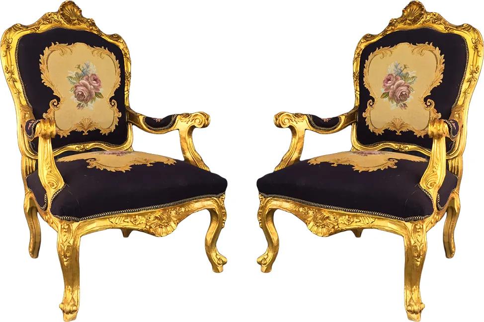 Par de Poltronas Clássica Azul Luis XV Folheada a Ouro