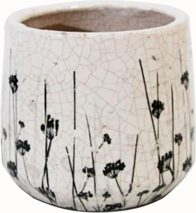 Cachepot Decorativo em Cerâmica com Flores Pretas - 24x16cm