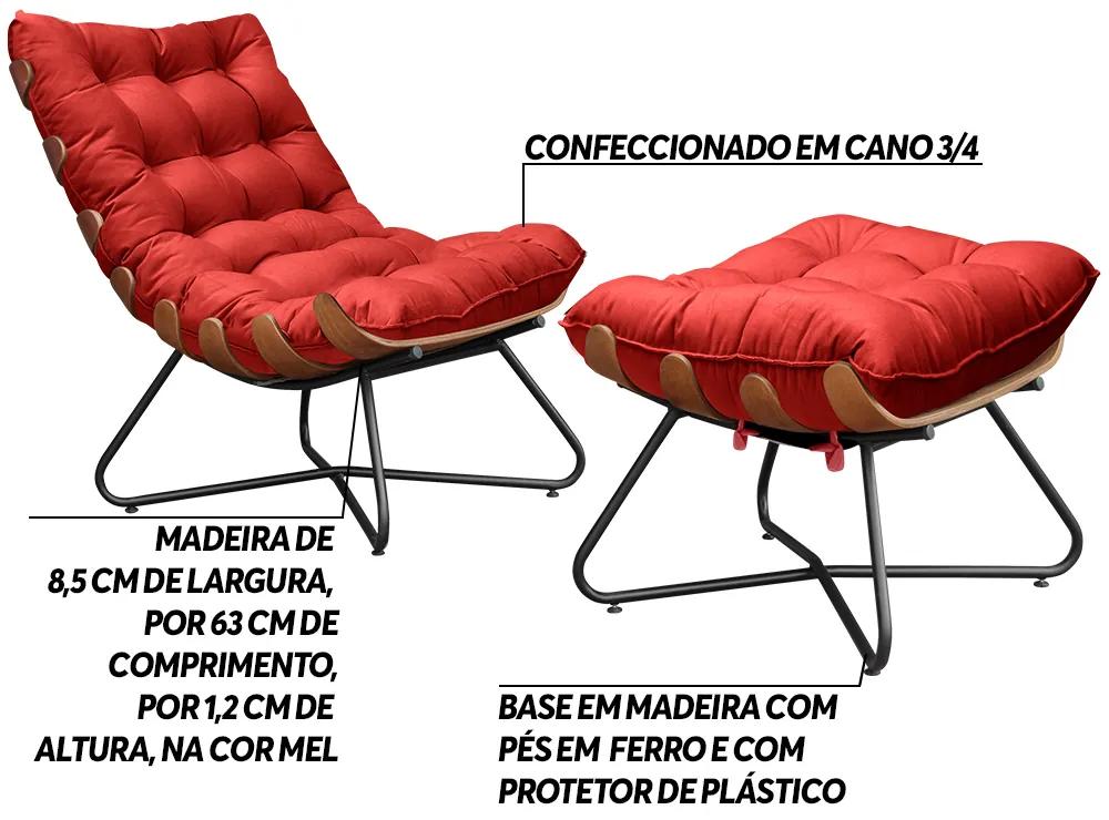 Conjunto Decorativo Poltrona e Puff Caim Base de Madeira Preto Veludo Vermelho G41 - Gran Belo