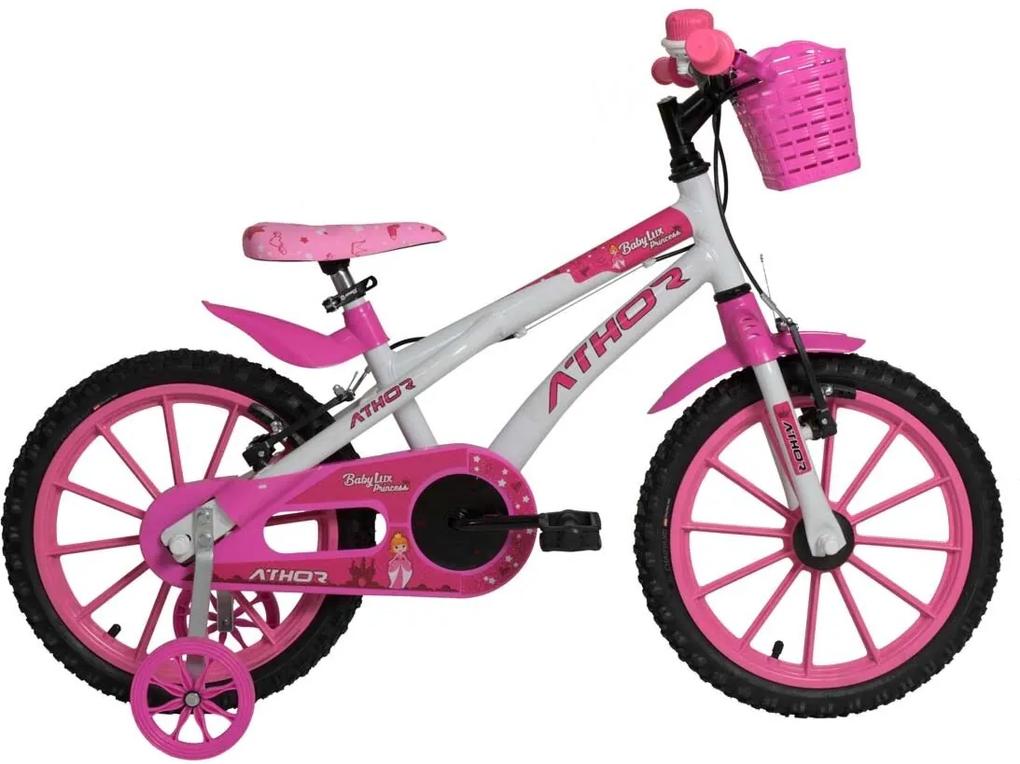 Bicicleta Aro 16 Baby Lux Branca e rosa com Kit Athor Bikes