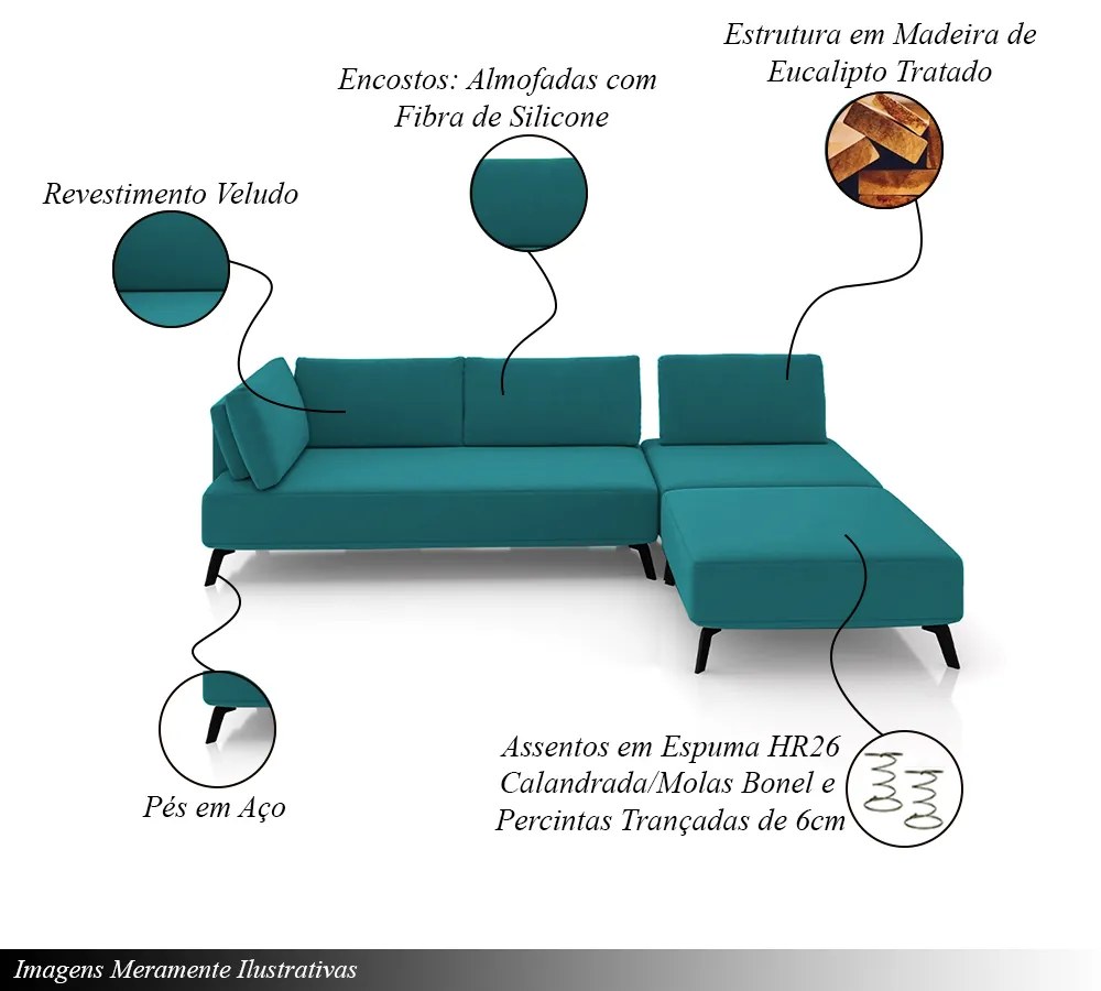 Sofá de Canto Modulado 262cm Sabrina Pés em Aço com Puff Veludo Azul Tiffany G52 - Gran Belo