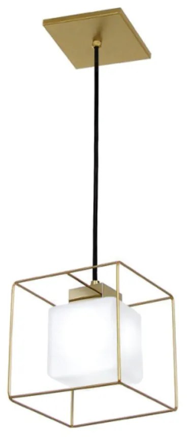 Pendente Aramado Vidro Quadrado Individual 18X18X18Cm Metal E Cubo 01X... (CHAMPANHE / DOURADO BRILHO, FOSCO (BRANCO))