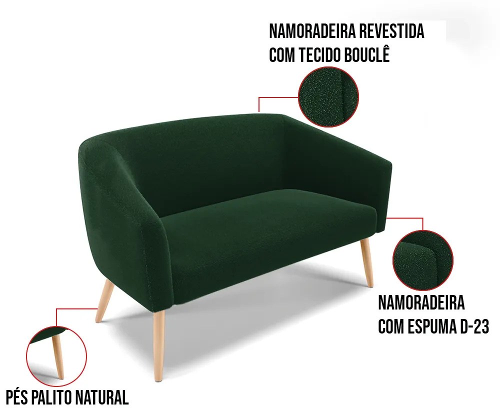 Sofá 2 Lugares Namoradeira Pé Palito Natural Stella Bouclê Verde D03 - D'Rossi