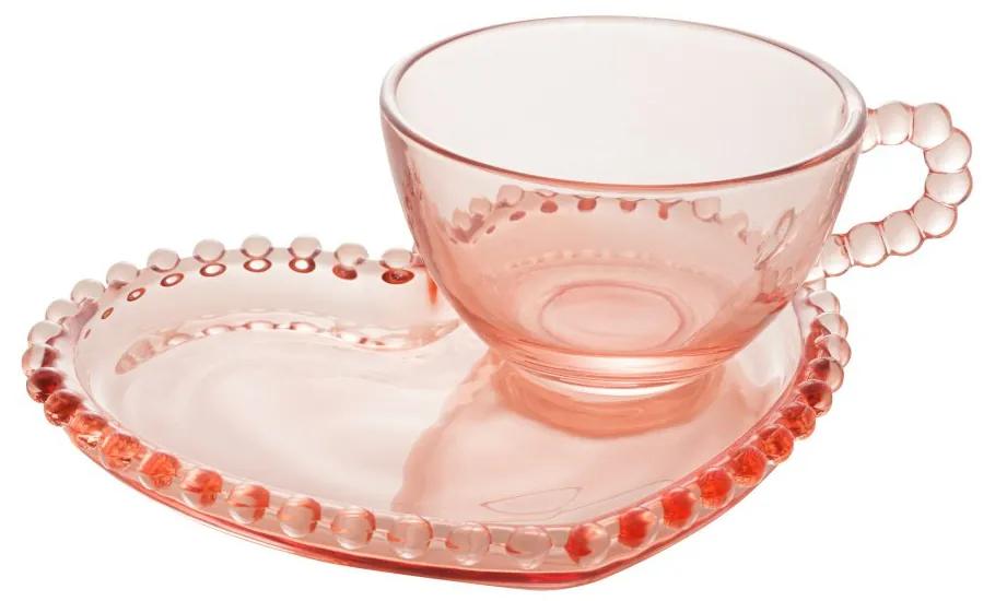 Xícara Chá Cristal Com Prato Coração Pearl Rosa 180ml 28462 Wolff