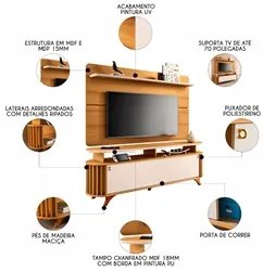 Painel para TV 70 Pol Curv e Rack Bancada Alba Off/Cinamomo - HB Móvei