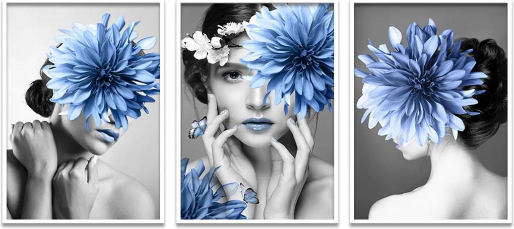 Quadro 60x120cm Helga Mulher com Flores Azuis Moldura Branca Sem Vidro