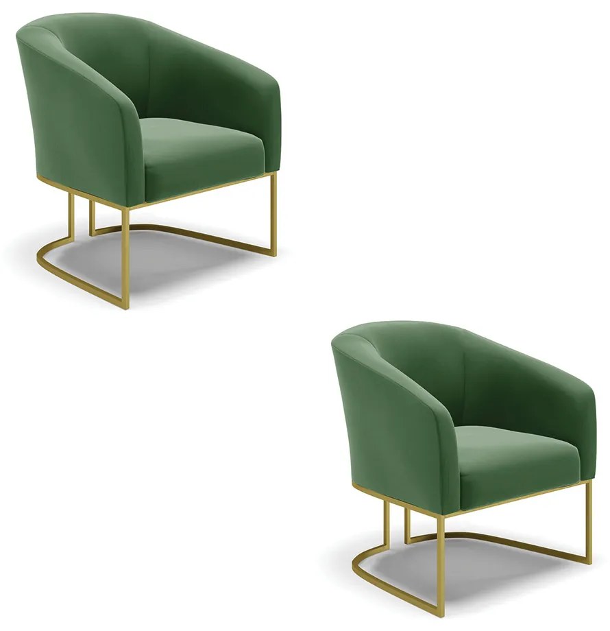 Poltrona Decorativa Base Industrial Dourado Kit 2 Stella Suede Verde D03 - D'Rossi