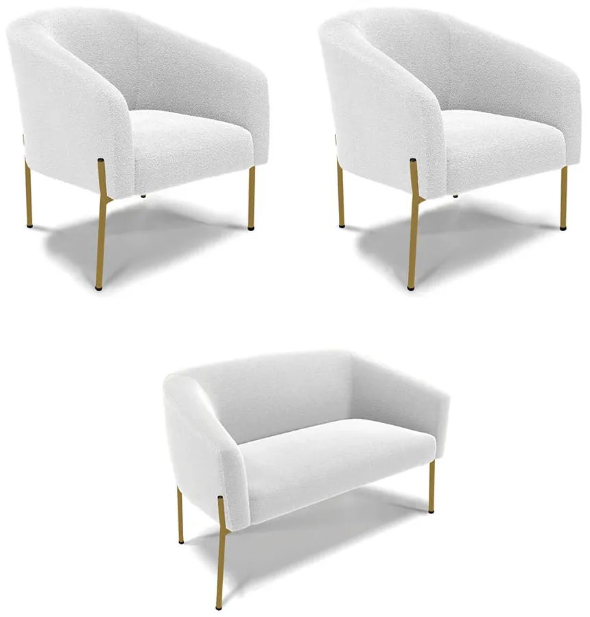 Namoradeira e 2 Poltronas Pé Ferro Dourado Stella Bouclê D03 - D'Rossi - Off White