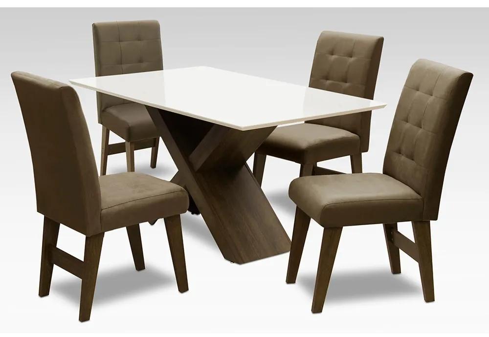Conjunto Mesa de Jantar com 04 Cadeiras Agata 135cm Castanho/Branco Off/Castor - ADJ DECOR