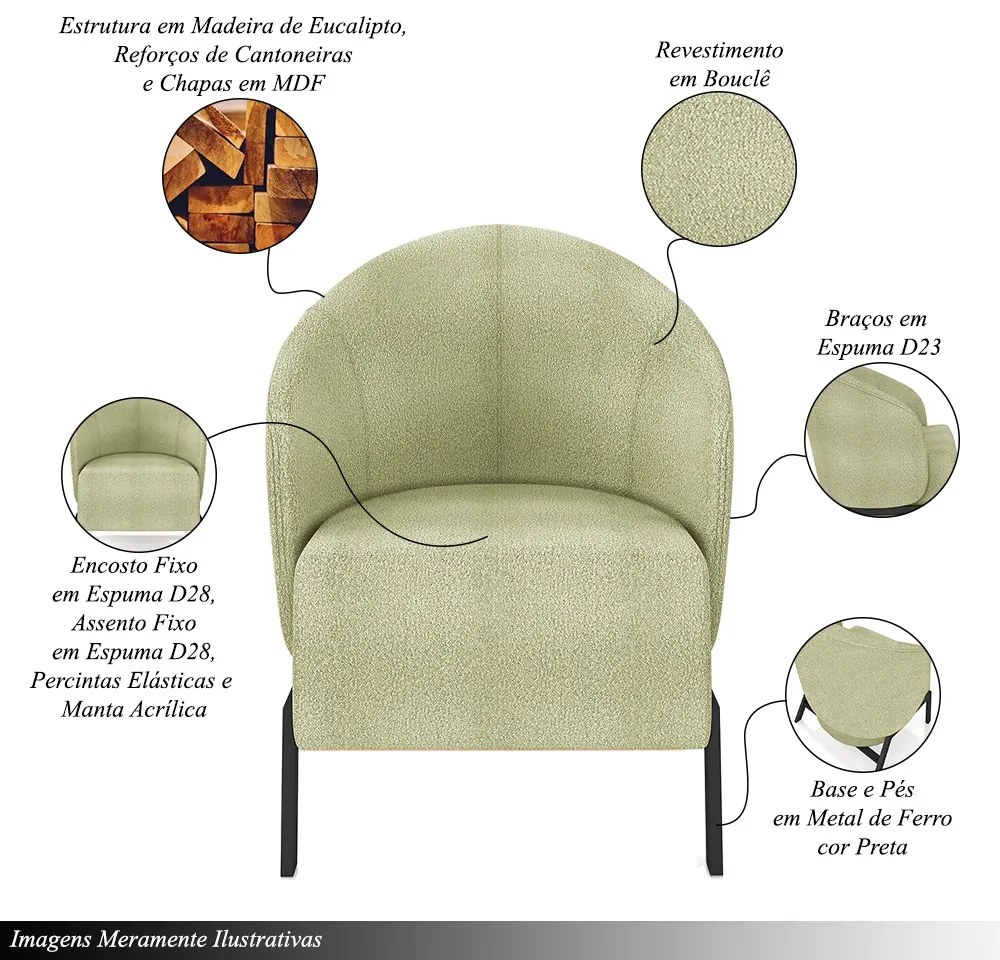 Kit 2 Poltronas Decorativa Sala de Estar Kenya Pés em Ferro Bouclê Preto/Verde G33 - Gran Belo