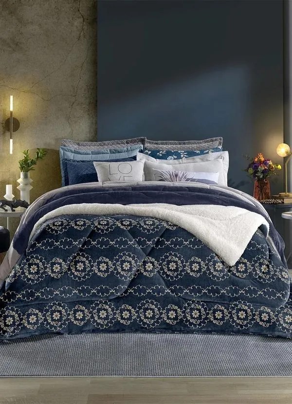 Edredom Plush Sherpa Azul Casal Slim 1 Peça